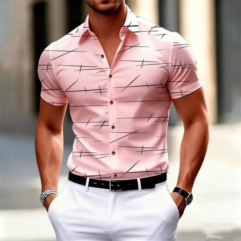 Men Abstract Line Print Lapel Short Sleeve Button Down Shirt
