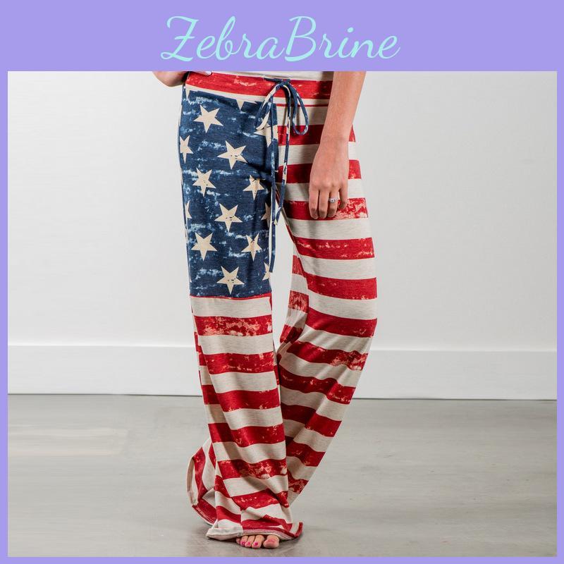 Womens High Waist Casual American Flag Print Drawstring Loose Wide Leg Pants For Summer