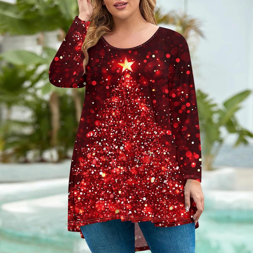 Damenmode Große Größe Rundhals Langarm Lässig Weihnachtsdruck Lose Pullover Top
