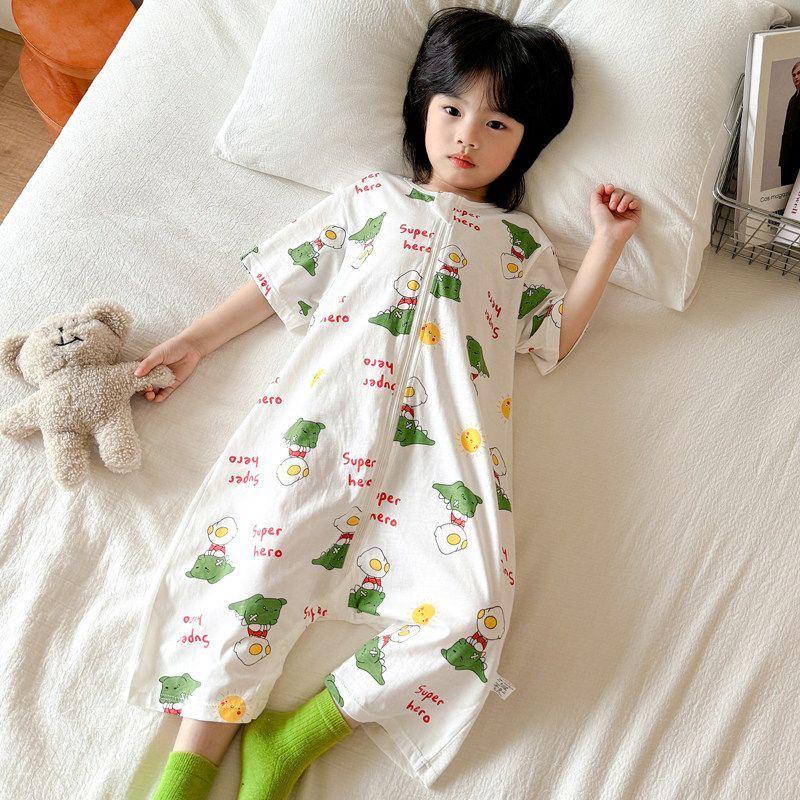 Lightweight Pure Cotton Short Sleeve Baby Sleeping Bag - Anti-kick, Breathable One-piece Pajamas & Crawling Romper for Home Wear
