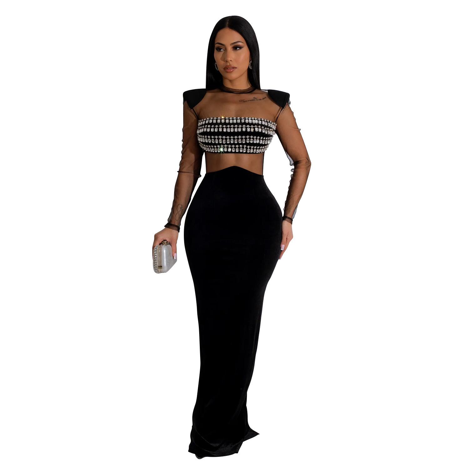 

Women s Mesh Hot Drilling Long Sleeve Long Skirt Dress Large