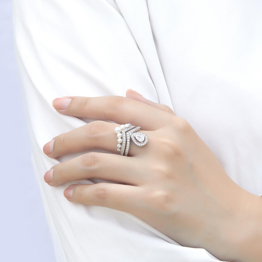 S925 Silver Ring Women's Pearl Fashion Elegant Set Ring Water Drop Shape Multi-Wear Diamond Ring
