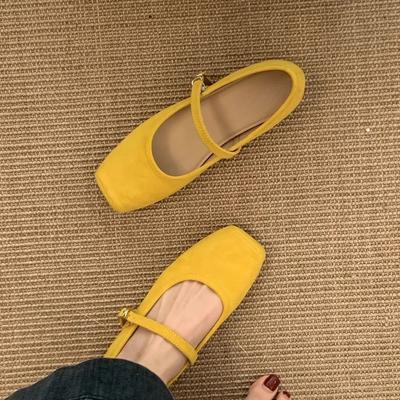 Sapatos de mola quadrados de boca rasa, estilo retro fada, Doudou suaves, sola plana, sapatos amarelos para senhora