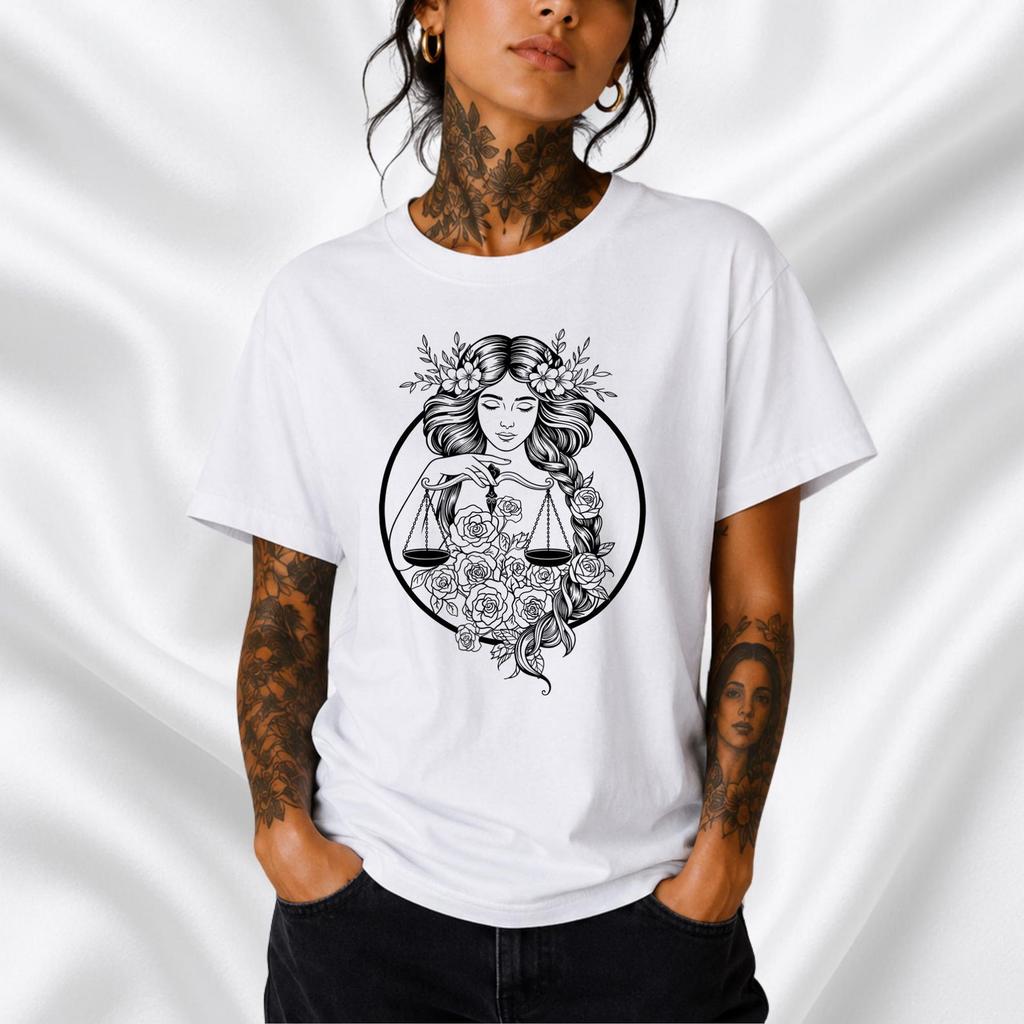 Libra Woman with Scales Tee | Zodiac Astrology Shirt, Line Art Horoscope