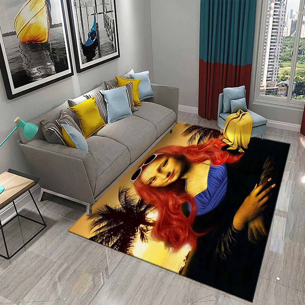 Funny Mona Lisa Oil Painting Carpet Home Decor Painting Mat for Living Room Bedroom Kitchen Bathroom Non-slip Floor Area Mats