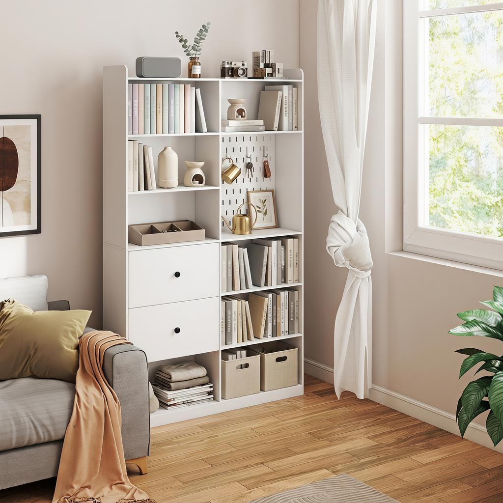 Bookshelf, 6-Tier, 120 x 30 x 200 cm, Storage Unit with 2 Drawers, Perforated Panel, White