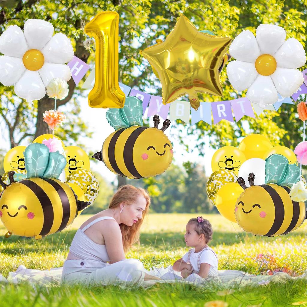 1Pc Bee Daisy 32 Inch Number Foil Balloon Set Kids 0-9 Years Old Birthday Anniversary Graduation Mother'S Day Party Decoration