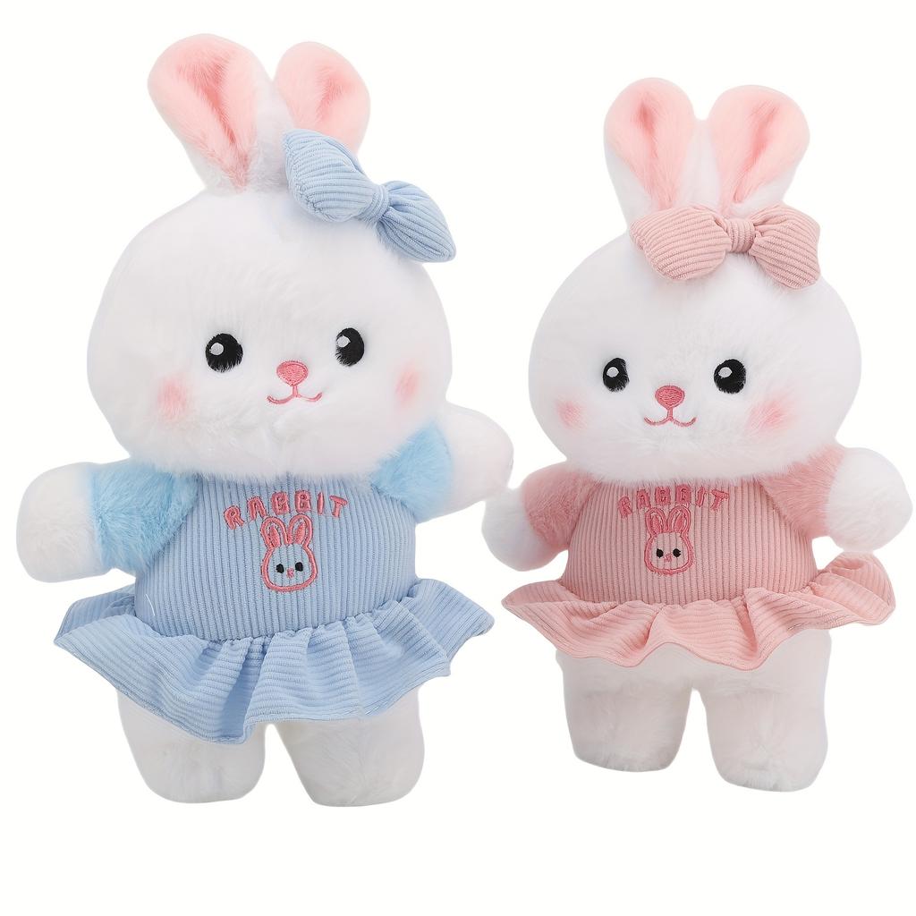 Kawaii Bunny Plush Soft Stuffed Rabbit with Cute Dress & Bow Soft Cuddly Bunny Easter Gift for Toddler Kids Baby Shower Girls