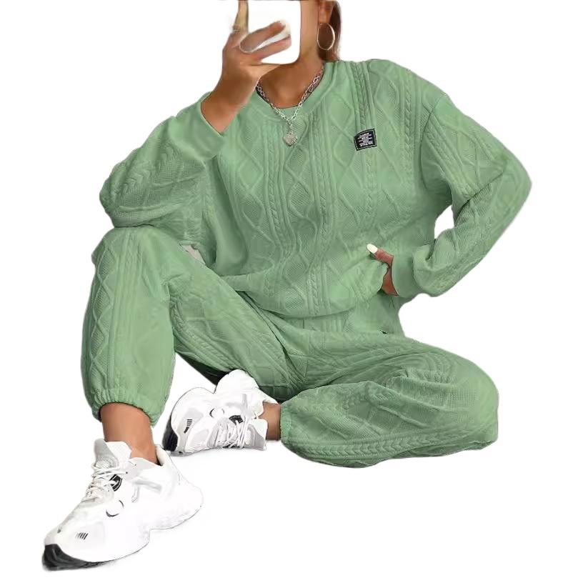 Women's Sports Set 2-piece, Solid Color Oversized Round Neck Sports Shirt and Pants Set, Pullover Casual Set