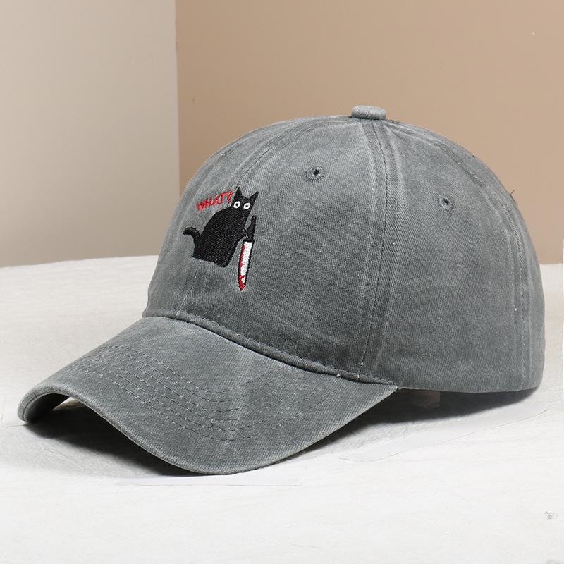 Unisex Black Cat Embroidered Washed Baseball Cap - Outdoor Summer Sun Hat, Hip Hop Style
