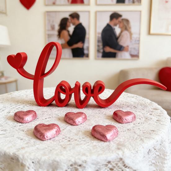 Love Desk Ornament 3D Printed Red Letter Table Sign Valentine's Day Freestanding Tabletop Decor for Living Room Bedroom Mantel Shelf Decor