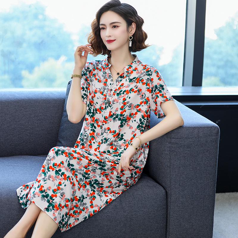 2024 Women's Floral Mid-Length Cotton Silk Slimming Plus Size Skirt Dress