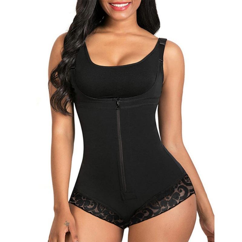 

Zipper Front Bodysuit Shaper With Adjustable Straps And Lace Trim S чорний
