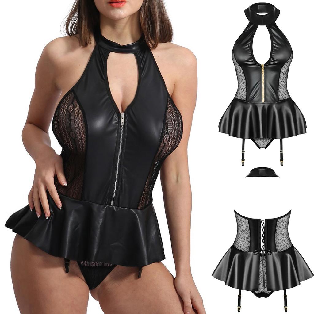 Women's Ladies Fashion Sexy Leather Bodysuit Zipper One-piece Lingerie