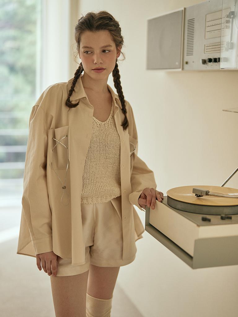 Leupeulle [Saturn] Leather Pocket String Oversized Shirt (Beige)