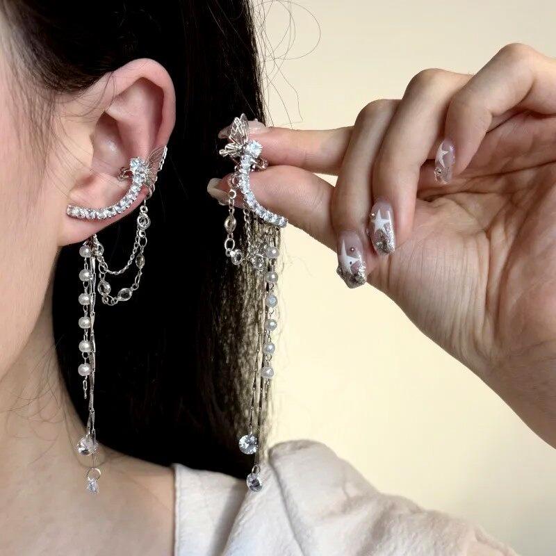Butterfly Pearl Tassel Earrings with Zircon and Silver Needle - Fashionable Ear Clips