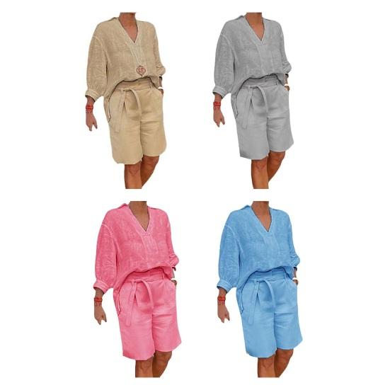 Women's Cotton Linen Two Piece Outfit Casual V-Neck Half Sleeve Lapel Shirt
