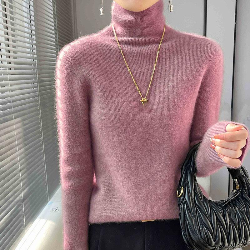 Womens Turtleneck Knitted Sweater Long Sleeved Slim Fit Elastic Ribbed Jumper Female Autumn Winter Basic Sweaters and Pullover