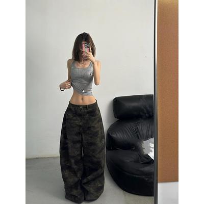 Calça jeans feminina cintura alta, larga, casual, vintage, camuflagem Y2K, reta, estilo americano, perna larga, jeans