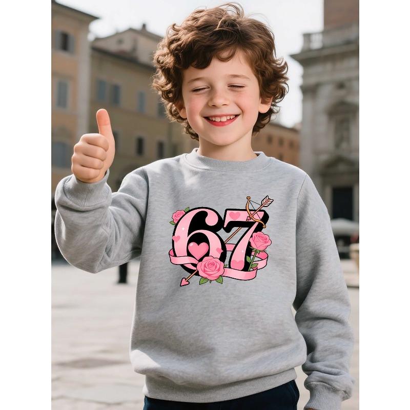 Kids Unisex  Crewneck Sweatshirt, Pink Rose Heart Cupid Arrow Ribbon 67 Graphic Long Sleeve Pullover, Soft Fleece Sweatshirts for Boys Girls Ages 4+