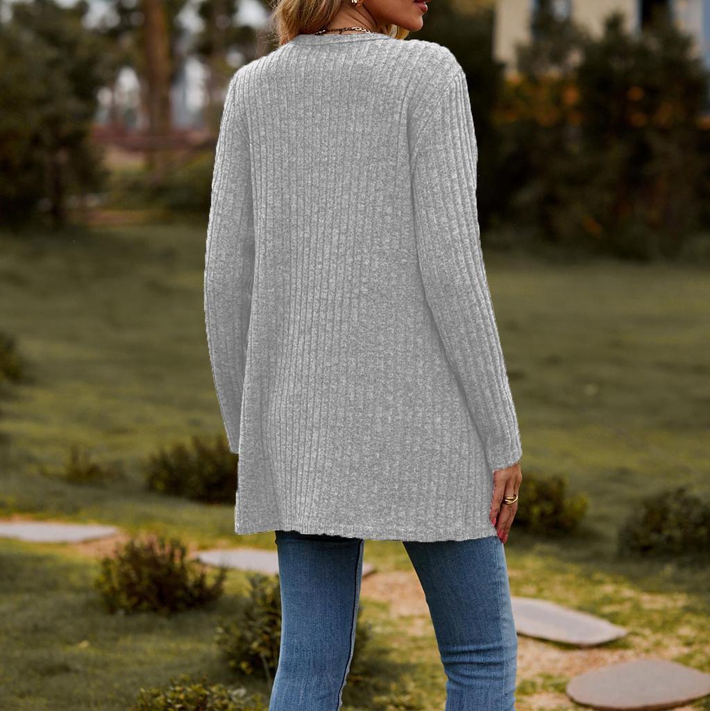 Women's Solid Color Buttoned Cardigan - Striped, Sanded, Long-Sleeve (2024 Autumn/Winter)