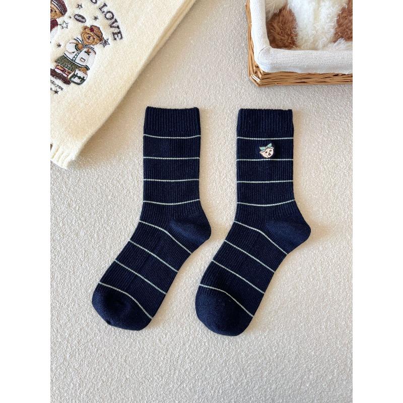 Ladies Autumn and Winter Warm Simple and Versatile Striped Boneless Lovely Cartoon Micro Pressed Wool Mid Tube Socks