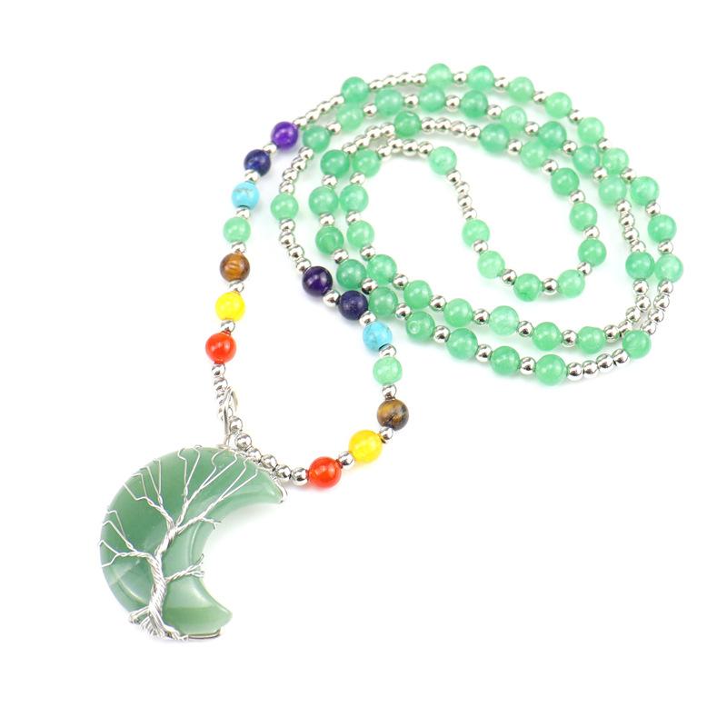 New Gold Plated Copper Wire-wrapped Moon Natural Stone Lucky Tree Necklace Colorful Bead Sweater Chain N563