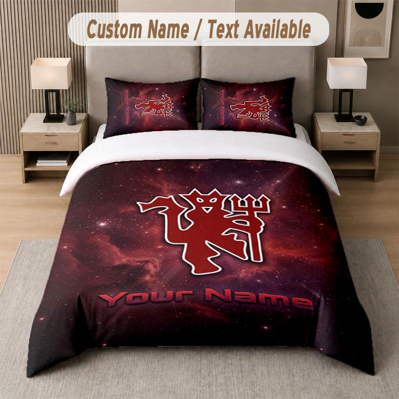 Juego de Cama Personalizado Patrón Manchester United, Estampa Nombre Texto 1 Funda Nórdica más 2 Fundas de Almohada Textil para el Hogar