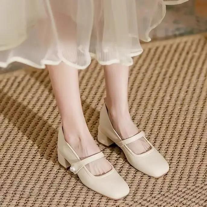 

Women s Shoes Pearl Detail Square Toe Block Heel Elegant Casual Low-Cut Slip-On Pumps 40 бежевый