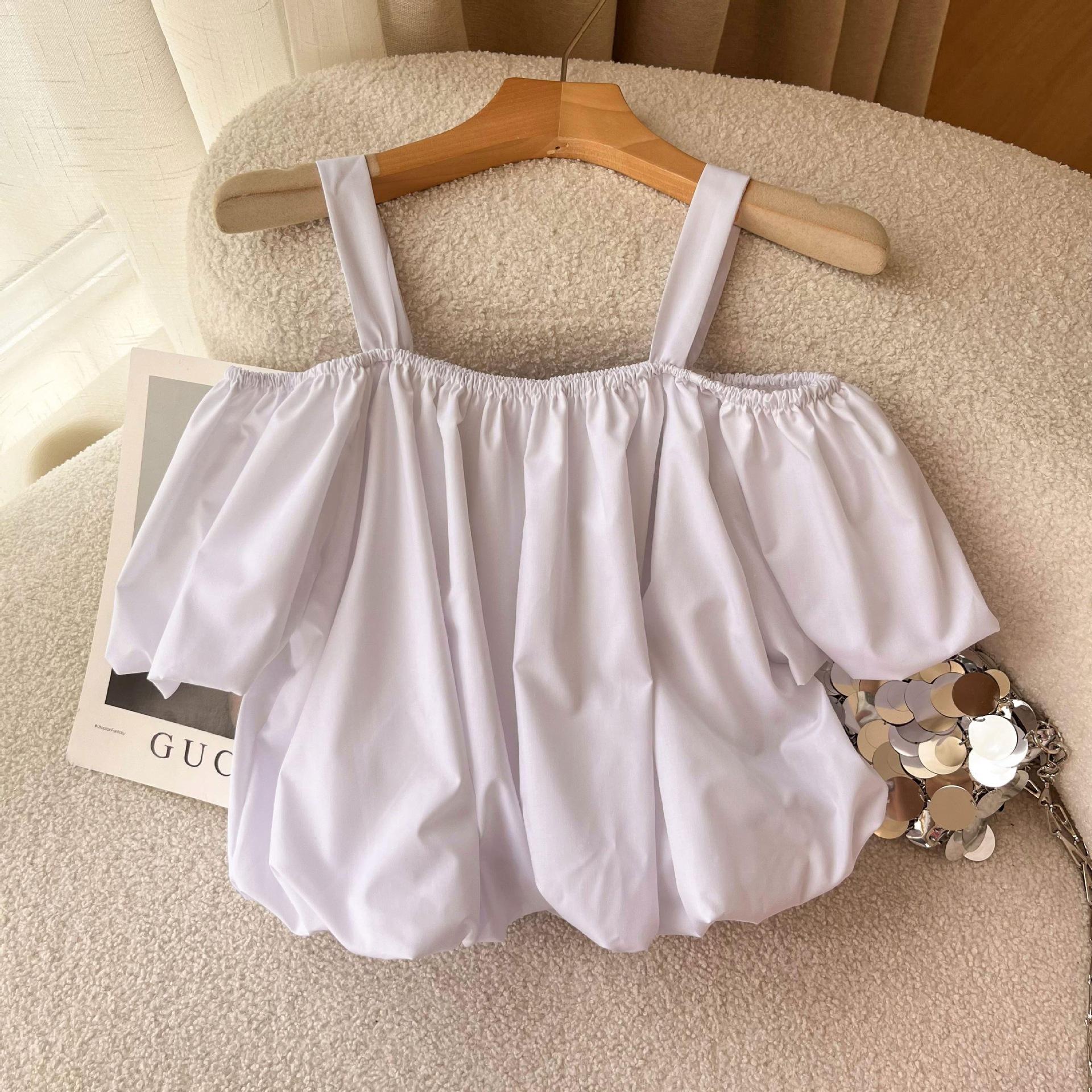 

Женская футболка с коротким рукавом на подтяжках, новая летняя модная дизайнерская нишевая французская короткая блузка с открытым плечом 3XL ([Recommended 138-75kg]) белый