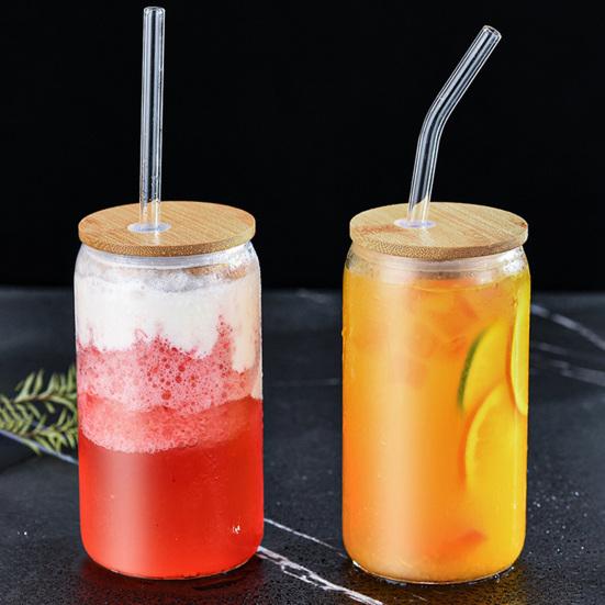 1 Set 500ml Glass Cup with Straw Wooden Lid Silicone Sealing Ring High Temperature Resistant Can Shaped Drinking Glass Clear Cocktail Whiskey Tumbler