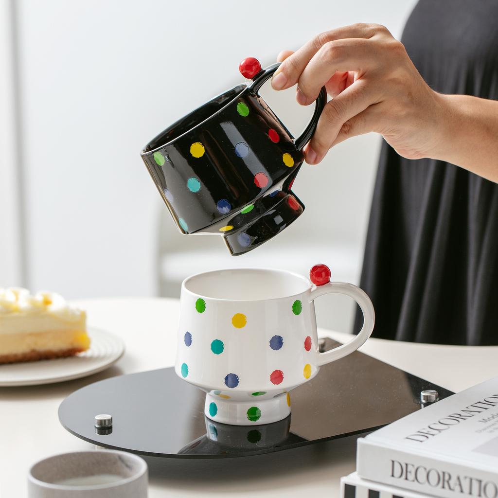 Colorful Polka Dot Mug Creative Ceramic Stacked Cup Office and Home Niche Design Simple Coffee Saucer Cup Couple