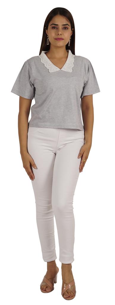 Moomaya Dámský top s krajkovým límečkem Petra Pana, hladký žerzejový krátký ležérní T-shirt