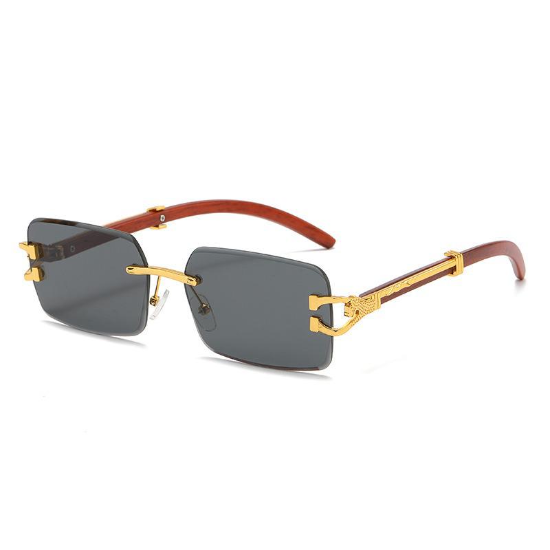 2026 Frameless Faux Wood Grain Leopard Head Men's Square Sunglasses with Leopard Temple.