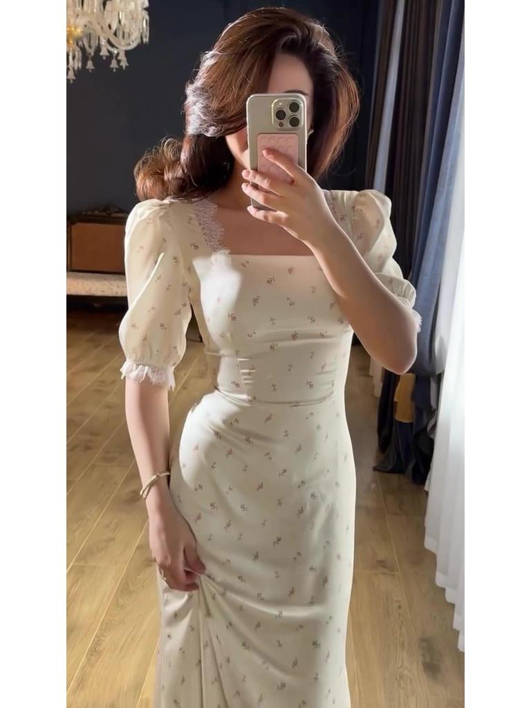 2025 Spring Fairy Style Women's Slim Tie-Up Satin Lace Dress