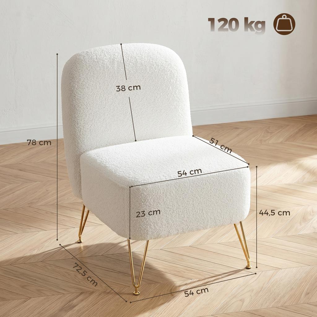 Lounge Chair, Armless, Boucle Fabric, Thick Cushion, Wide Seat, White