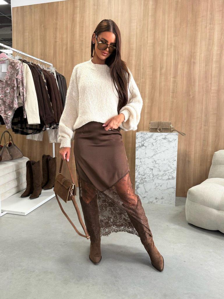 2025 Trendy Women's Lace Patchwork Bodycon Midi Skirt - European & American Style, Solid Color, Slimming & Sexy Design