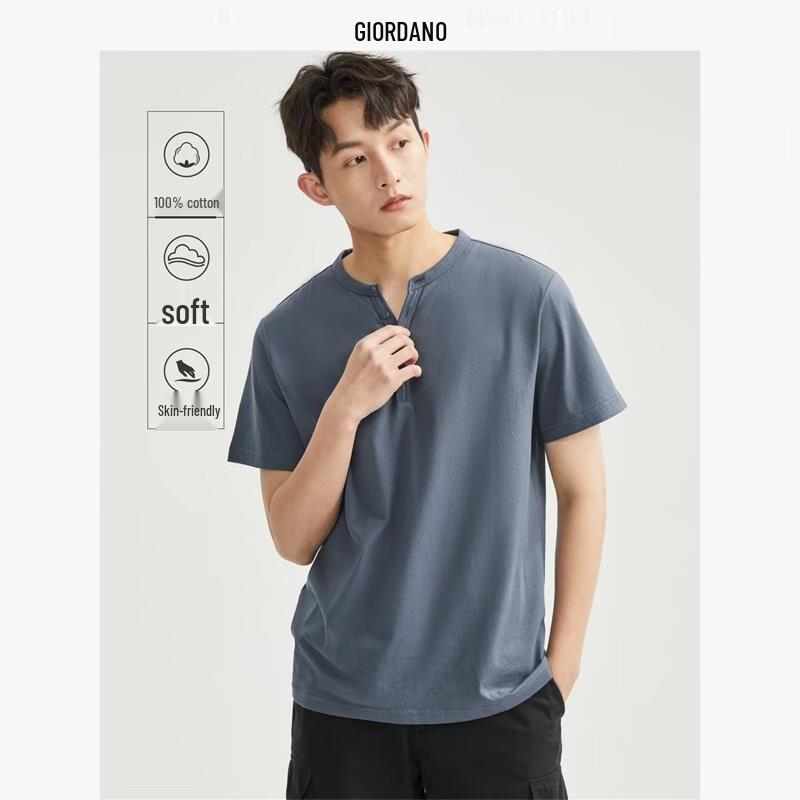 Giordano Men s Retro Pure Cotton Henley Short Sleeve T-Shirt XL