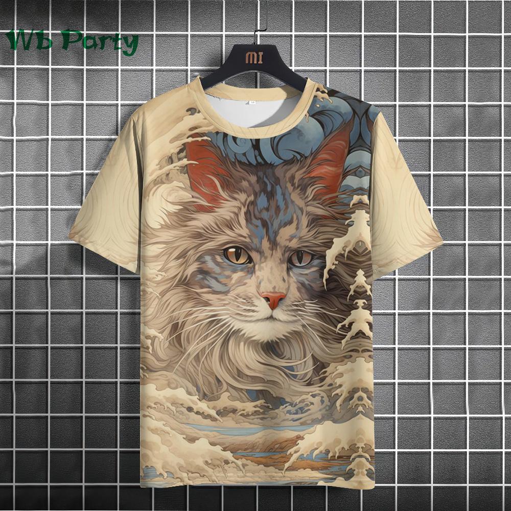 Vintage Cat Pattern Print Short Sleeve T-shirts Man Cat Print Custom T Shirt Vintage Shirts Graphic Tee Men's Summer Clothes Tee