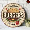 Vintage Burger Town Rundes Metallschild, Retro Aluminiumposter für Küchenwanddekoration 20cm