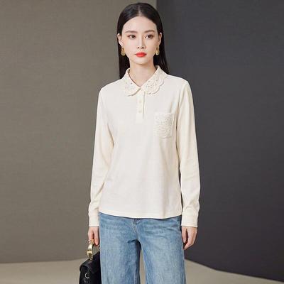 Polo Collar Long Sleeve Lace Blouse