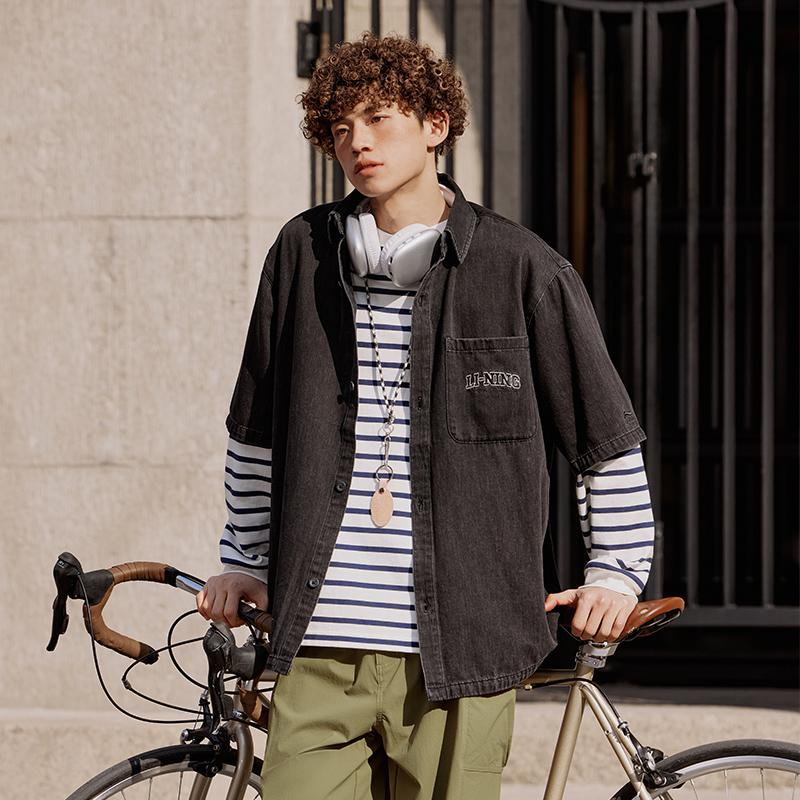 Li-Ning Embroidered Logo Print Sports Wash Denim Short Sleeve Shirt Men shirts Black ASHU477-2