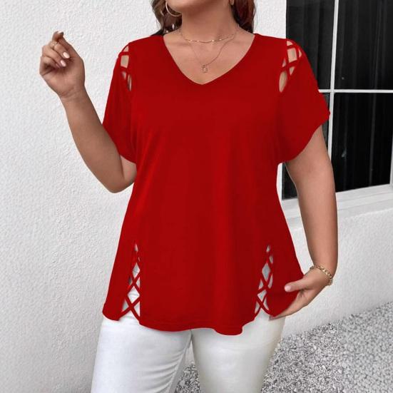 Women Summer T-shirt V-Neck Short Sleeve Solid Color Loose Fit Casual Tops with Hollow Cross-Band Design