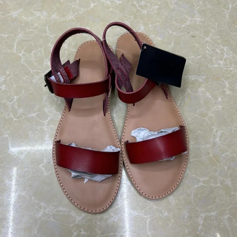 

Fashion Leather Sandals for Women Flat with Summer Shoes Woman Retro Solid Round To Comfortable Casual Anti Skidding Beach Sandalias 37