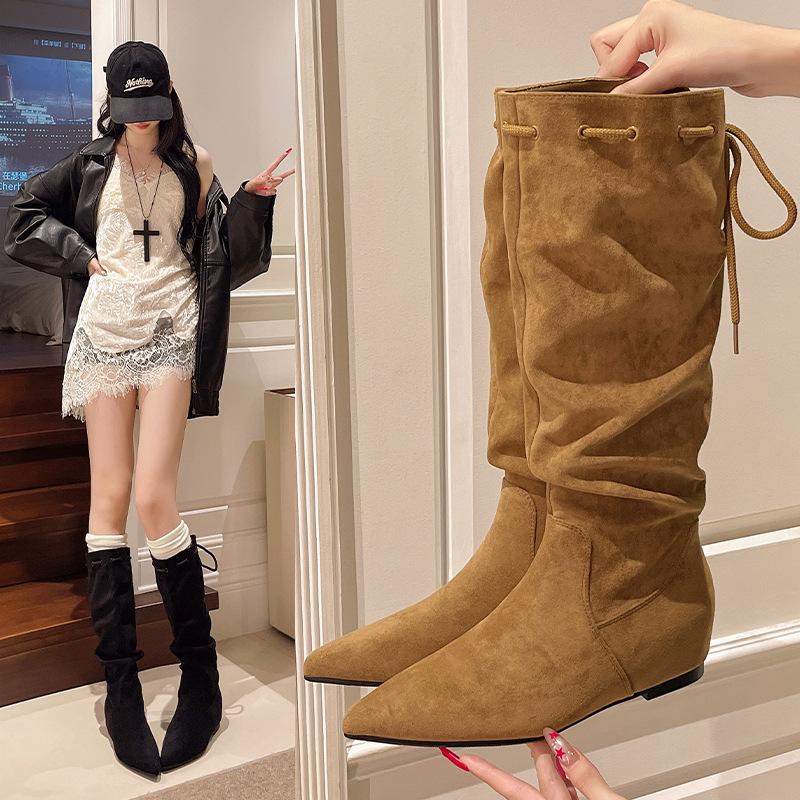 

Но сапоги с увеличением внутренней высоты голенища до колена женские 2025 осень и зима сапоги на платформе на шнуровке из замши универсальные модные сапоги средней длины 40 коричневый