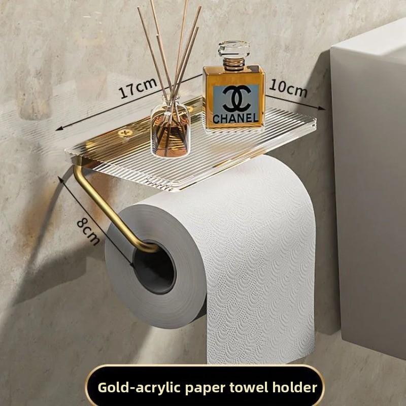 Luxury Gold Toilet Paper Holder with Shelf No Punching Acrylic Tissue Roll Hanger Bathroom Storage Organizer Accessories