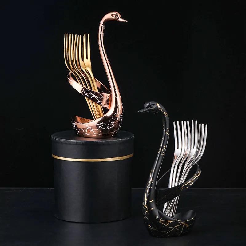 304 Stainless Steel Fruit Fork Cake Mooncake Fork Dessert Coffee Spoon Swan Shaped Base Combination Fruit Tableware Set YLE531