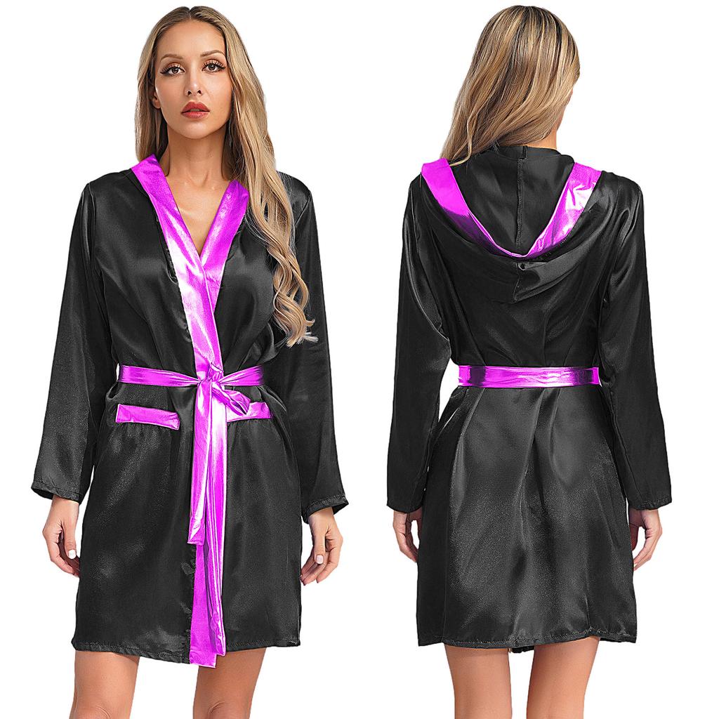 Damen Box Robe Halloween Cosplay Kostüm Langarm Offene Vorderseite Metallische Borte Satin Kapuze Umhang mit Gürtel