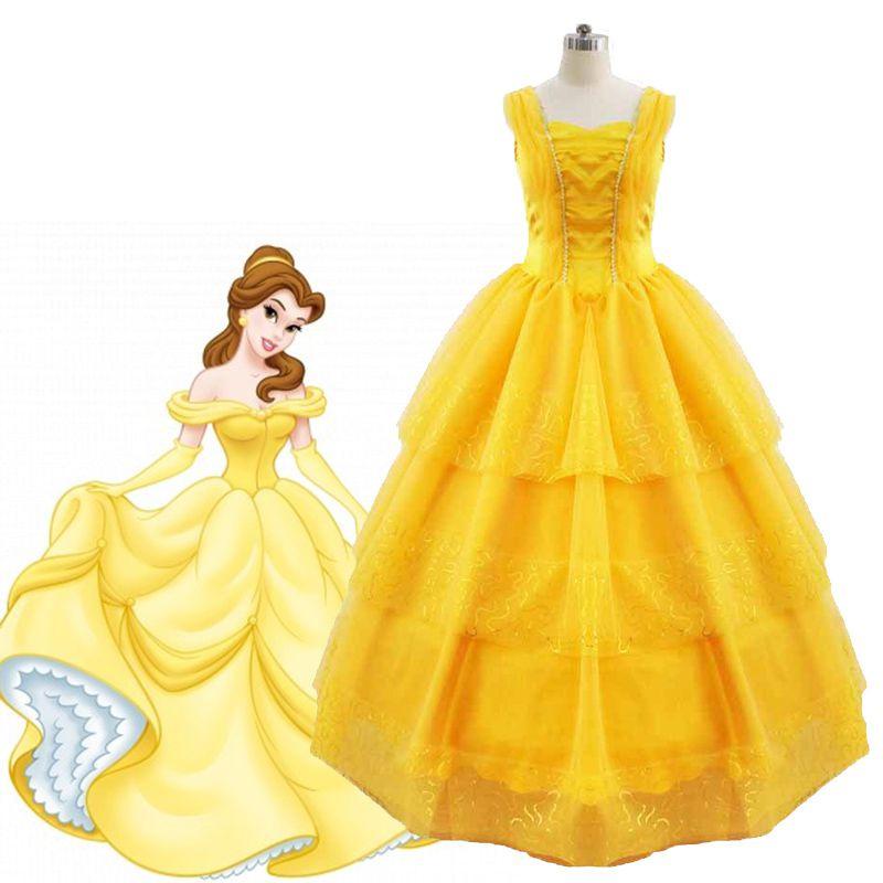 Disney Princess Belle Cosplay Costume Fancy Dress Halloween Adult Yellow Layered Full-length Ball Gowns
