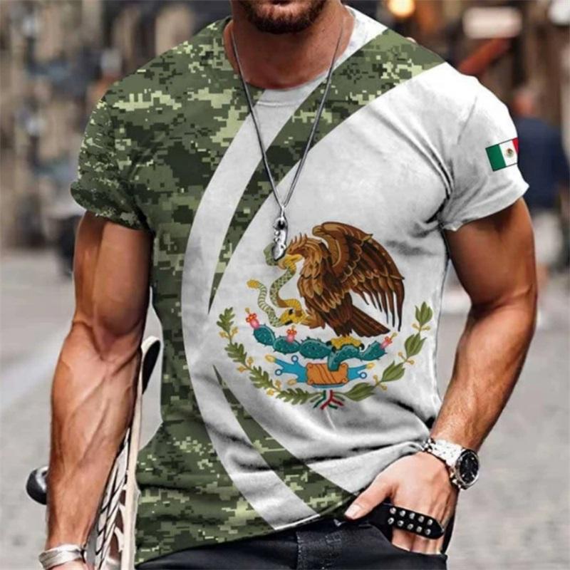 Vintage T Shirt For Men Mexico Flag Print Eagles Pattern Tshirt For Men Casual Short Sleeve Tee Tops Oversized Men Clothing